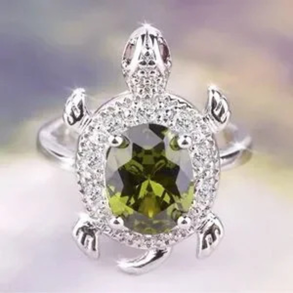 Silver Turtle Ring with Green Gemstone size 7